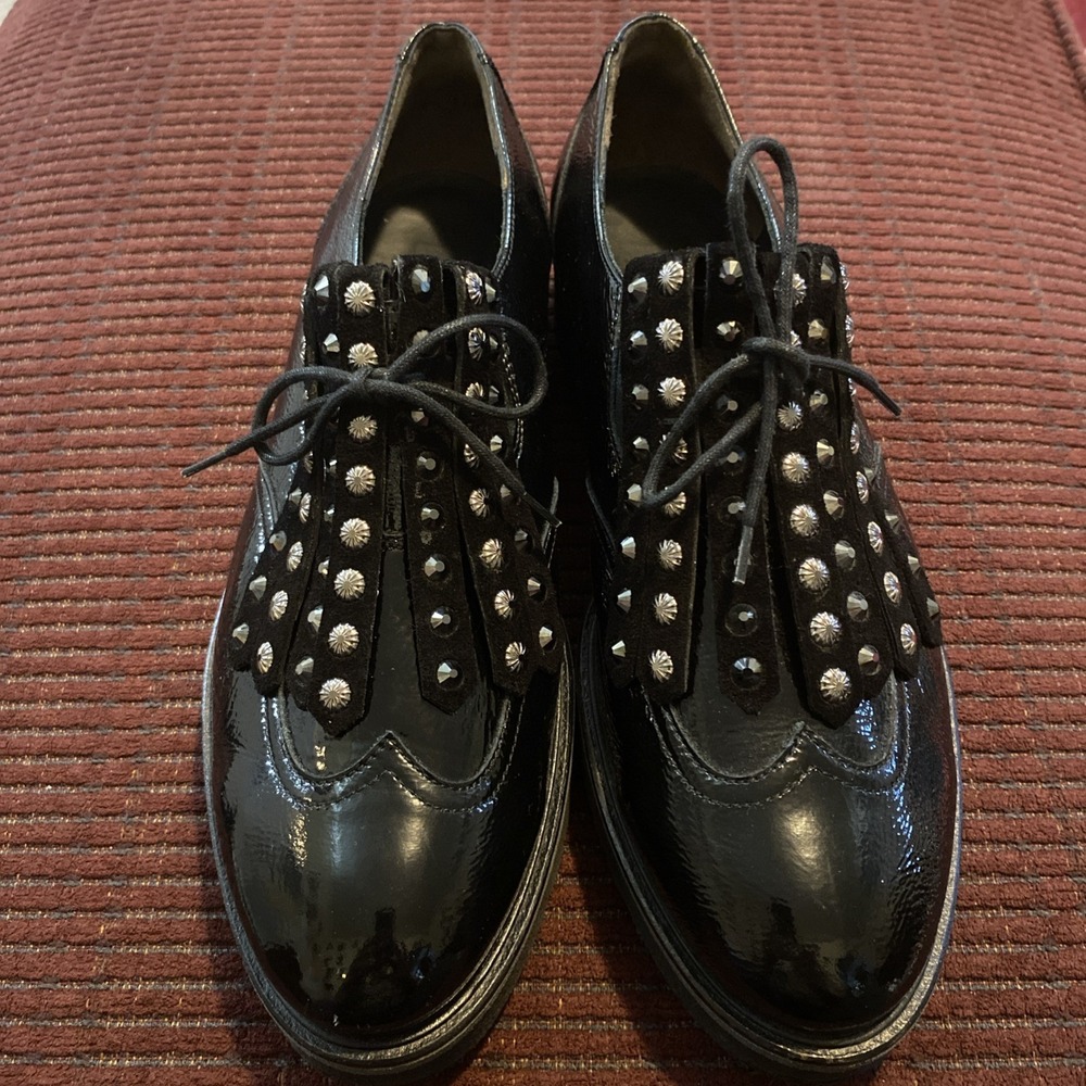 PAUL GREEN NOBU WOMEN'S BLACK PATENT LEATHER KILTIE STUD OXFORDS SIZE 6.5